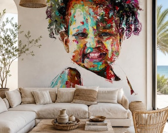 Colorful African Child Wallpaper Mural | Joyful Portrait Wall Mural | Modern Kids Room Wallpaper | Large Peel and Stick Wall Decor