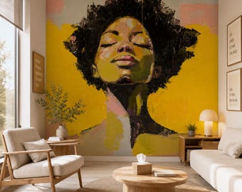 Yellow Wellness Wall Mural, Serene Woman Wallpaper, Meditation Room Decor, Peel and Stick Mural