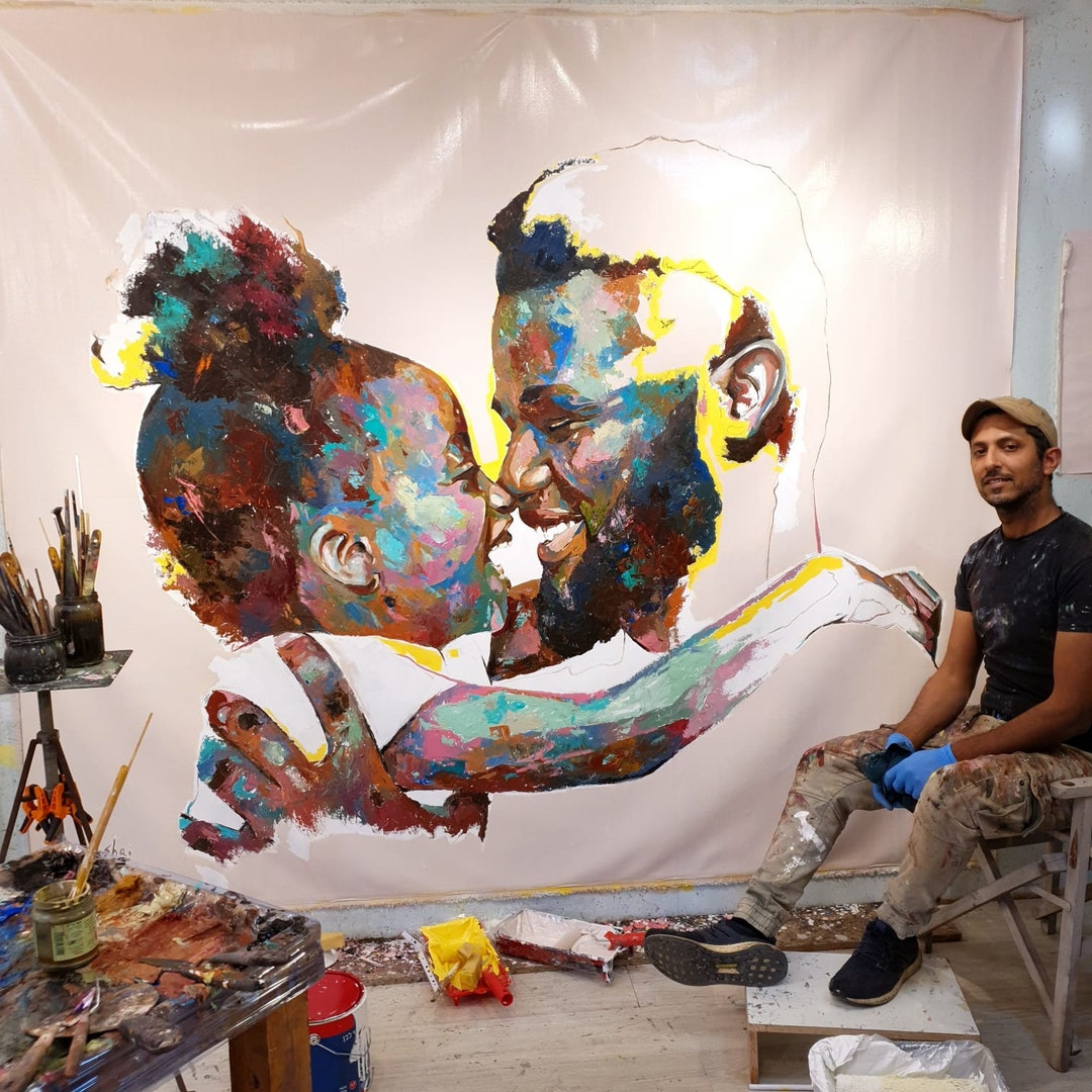 Signed Father and Daughter Oil Painting on Canvas by Shai Yossef (78 ...