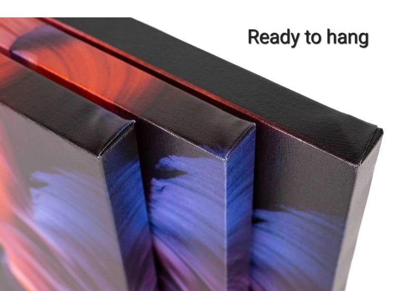 Pu&ograve; includere: Tre stampe su tela rettangolari con bordi avvolti che presentano sfumature di colore rosso, viola e blu. I bordi laterali sono neri e il testo Ready to hang &egrave; stampato in nero nell'angolo in alto a destra dell'immagine.