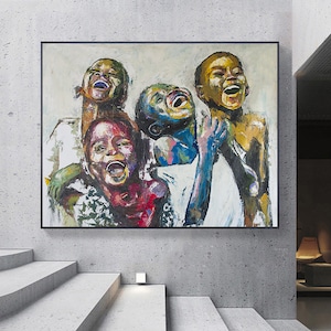 Shai Yossef print on canvas painting large/small/medium happy kids ,African Black art home BEST gift