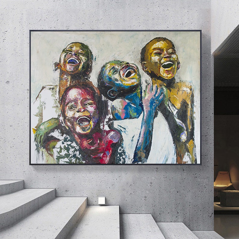 Shai Yossef print on canvas painting large/small/medium happy kids ,African Black art home BEST gift image 1