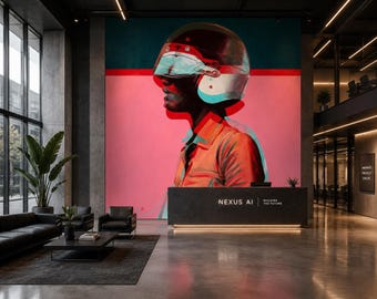 Futuristic Helmet Portrait Wall Mural | Contemporary Urban Wallpaper | Peel and Stick Wall Decor
