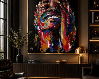 Colorful Joy Portrait Canvas Print, Contemporary Black Art, Large Statement Wall Art, Modern Expressionist Painting