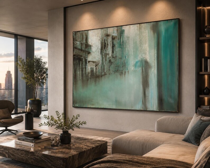 Pu&ograve; includere: Un grande dipinto astratto rettangolare caratterizzato da sfumature miste di verde acqua, turchese e marrone scuro. L'opera presenta pennellate verticali e forme architettoniche sfocate, creando un aspetto materico all'interno di una sottile cornice nera.