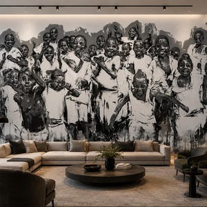 May include: A large-scale black and white wall mural featuring a crowd of children with expressive faces and gestures. The artwork is rendered in a loose, painterly style with high contrast, covering the entire wall behind a beige sectional sofa.