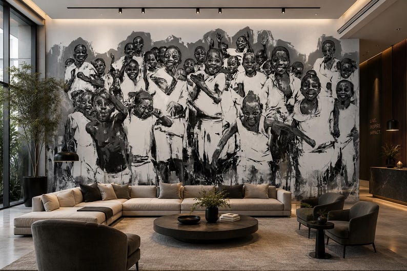 May include: A large-scale black and white wall mural featuring a crowd of children with expressive faces and gestures. The artwork is rendered in a loose, painterly style with high contrast, covering the entire wall behind a beige sectional sofa.