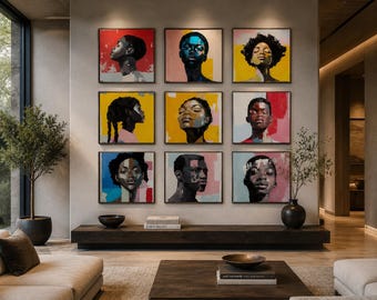 9 Piece Gallery Wall Set, Canvas Prints, Colorful African American Portraits, Modern Statement Decor