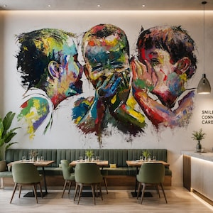 May include: A large wall mural featuring an expressive, multi-colored oil painting of three children whispering and laughing. The artwork uses vibrant strokes of blue, red, yellow, and green. The text "SMILE CONNECT CARE" is printed on the wall.