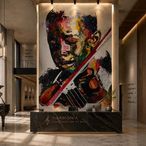 May include: A large, colorful abstract painting of a person playing a violin mounted on a wall above a black marble reception desk labeled Harmonia Conservatory of Music. The scene includes a grand piano and text on the walls reading Practice Makes Progress and Music Is The Language Of The Soul.