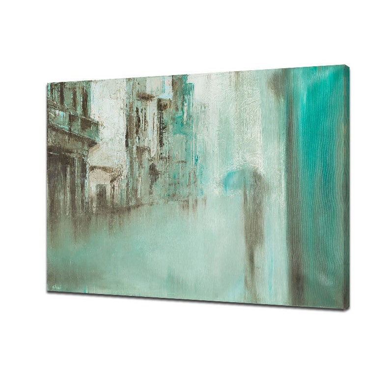 Stampa su tela astratta con pioggia in città, quadro da parete con ombrello color verde acqua, paesaggio urbano malinconico, dipinto contemporaneo con texture, arredamento moderno per la casa. immagine 4