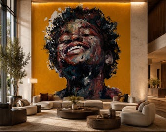 Joyful African Portrait Wall Mural | Colorful Smiling Face Wallpaper | Luxury Hotel & Hospitality Wall Decor