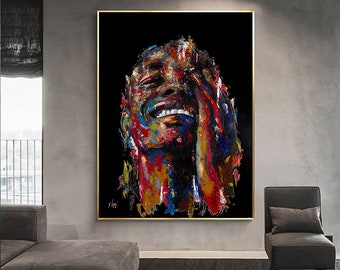 Print on canvas- Shai Yossef painting  ,happy man portrait,smiling,black art