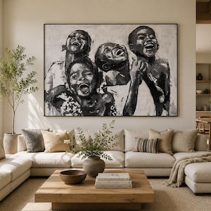 Happy African Children Canvas Print, Black and White Portrait Art, Joyful Contemporary Wall Decor