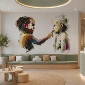 Puede incluir: Un gran mural que muestra una pintura expresiva y colorida de dos niños frente a frente, con uno tocando los labios del otro. La obra utiliza pinceladas audaces y texturizadas en tonos de azul, verde, amarillo y colores oscuros intensos.