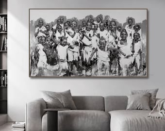Pode incluir: Pintura em preto e branco de um grupo de crianças sorrindo e rindo. A pintura é feita em um estilo solto e expressivo, com pinceladas visíveis por toda parte. As crianças usam roupas simples e parecem ser de um país em desenvolvimento.
