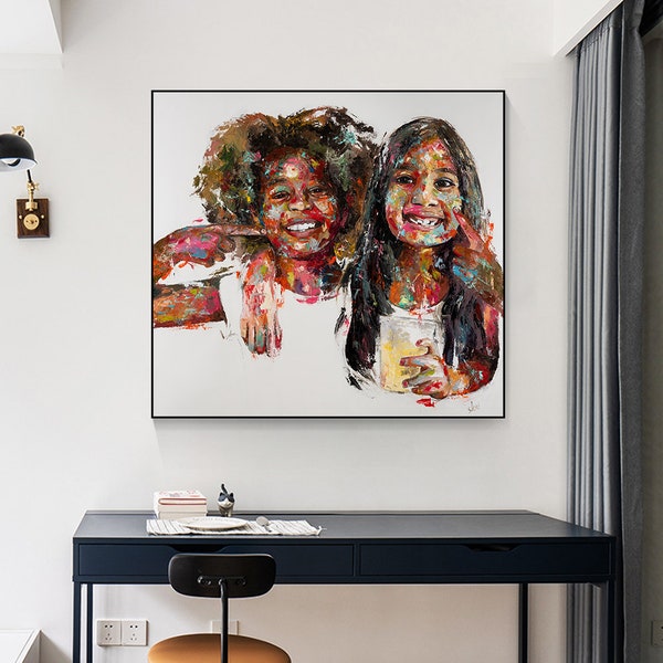 Shai Yossef painting large/small/medium print on  ROLLED/FRAMED canvas happy girls,african american art BFF,happy childhood,best friends