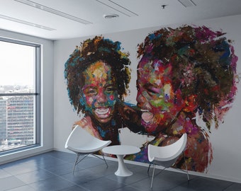 Black art - Wall Mural Happy children ,smiling kids, twins, huge print for institutions, schools, Clinics, offices and rooms, wallpapers