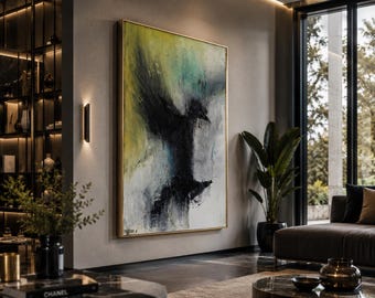 Minimalist Bird Wall Art Print, Contemporary Raven Canvas Print, Large Neutral Statement Wall Art, Modern Luxury Living Room Decor