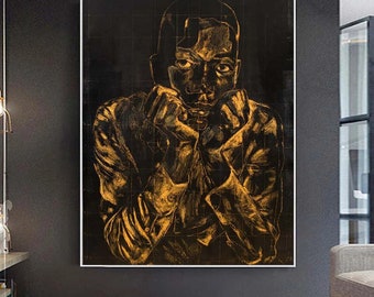 Shai Yossef painting large print on canvas, ,black man portrait, black art, Africa, gold and black sketch artwork