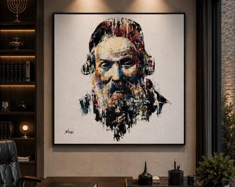 Canvasafdruk Chofetz Chaim, hedendaagse joodse muurkunst, kleurrijk portret rabbijn, groot kunstcanvas, luxe judaica-decor