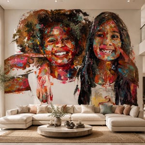 May include: A large-scale wall mural featuring an expressive, multi-colored oil painting of two children smiling with their arms around each other. The artwork uses thick, vibrant brushstrokes in shades of red, blue, yellow, and black.