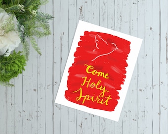May include: A white card with a red painted background and a white dove illustration. The words "Come Holy Spirit" are written in yellow on the card.