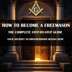 Peut inclure: Image d'une entrée de bâtiment avec le texte "HOW TO BECOME A FREEMASON". L'image présente un symbole maçonnique au-dessus de la porte et le texte "THE COMPLETE STEP-BY-STEP GUIDE" et "YOUR JOURNEY TO BROTHERHOOD BEGINS HERE".