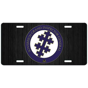 May include: Black license plate with a dark wood grain pattern. The center features a circular emblem with the text "SOVEREIGN GRAND INSPECTOR GENERAL" and a blue and gold cross design. The number "33" is at the bottom.