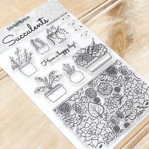 Succulent stamps - photopolymer clear happy plant stamp set by StickerKitten, UK