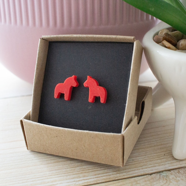 Dala Horse Earrings - cute eco-friendly mini horse Christmas studs - 3D printed jewellery