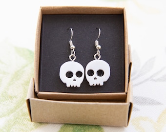 Skull Earrings - eco-friendly halloween white skull dangly drop earrings - 3D printed jewellery