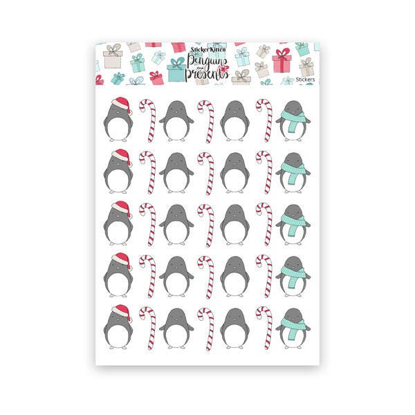 Penguin Stickers - Cute Christmas penguins and candy cane planner stickers by StickerKitten - penguin in scarf, santa hat, stationery, craft