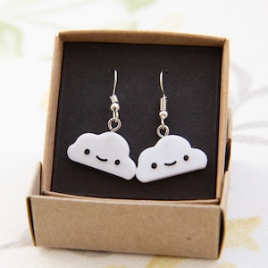 Cute Cloud Earrings - eco-friendly kawaii happy face clouds - dangly drop earrings - 3D printed jewellery