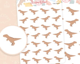 May include: A sheet of stickers featuring 36 brown T-Rex dinosaurs on a white background. The stickers are arranged in a grid pattern. The text "T-Rex stickers" is printed at the top of the sheet.