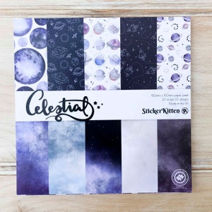 May include: A pack of 30 celestial-themed scrapbook paper sheets. The paper features a variety of designs, including planets, stars, and rockets. The paper is 150mm x 150mm and is made in the UK.