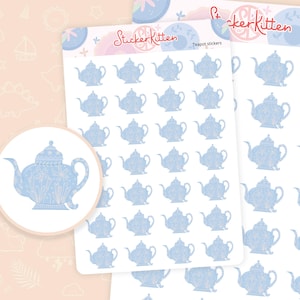 May include: A sheet of stickers featuring a repeating pattern of blue teapots with white floral designs. The sheet is labelled "Teapot stickers" and "Stickerkitten".