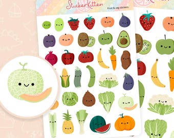 Obst und Gemüse Aufkleber - 5 am Tag Obst und Gemüse Sticker, Gesunde Ernährung, Happy Food Aufkleber, Gartenarbeit