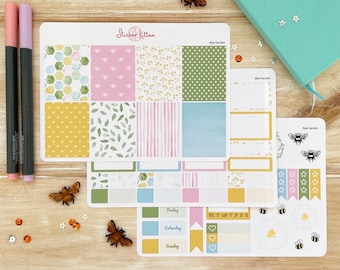 Bee Garden Planner Stickers | Spring & Summer | Weekly Mini Kit Vertical | Full Boxes, Half Boxes, Deco, Functional, Checklist, Date Covers