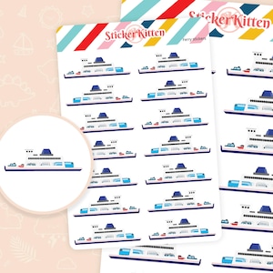May include: Sheets of ferry stickers with a white background. Each sticker features a ferry with cars on the deck, blue windows, and a dark blue roof. The stickers are labeled "Sticker Kitten" and "Ferry stickers".