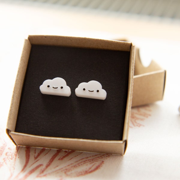 Cute Cloud Earrings - eco-friendly kawaii happy face clouds - 3D printed jewellery