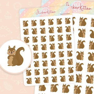 May include: A sheet of stickers featuring a repeating pattern of brown squirrels. The stickers are on a white background and are labelled "Squirrel stickers".