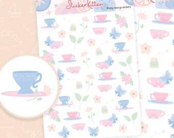 Teacup Stickers - Cup of Tea Planner Stickers, Afternoon Tea Stickers, Tea Party Stickers, Cuppa Stickers, Flower Stickers