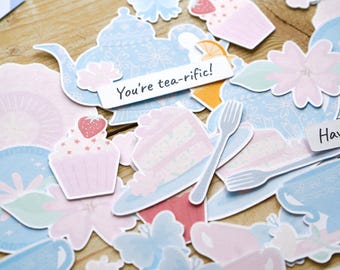 Tea Party Ephemera - Card Making and Scrapbooking Toppers - Journal Ephemera, Cute Tea and Cake Birthday and Mother's Day Craft Supplies