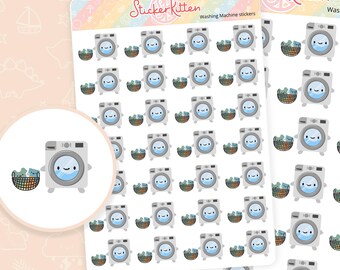 Peut inclure: Une feuille de 36 autocollants blancs représentant une machine à laver de dessin animé avec un panier de linge. La machine à laver a un visage souriant et tient un panier de vêtements colorés. Le texte "Washing Machine stickers" est imprimé en haut de la feuille.