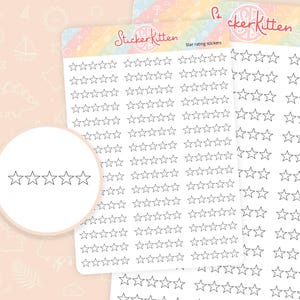 May include: A sheet of white sticker paper with black outline star rating stickers. The stickers are in rows of five stars, with each row representing a different rating. The text "Star rating stickers" is printed at the top of the sheet.