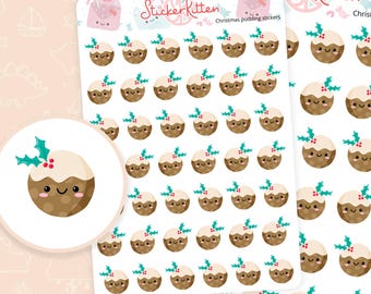 Christmas Pudding Stickers - Cute Christmas Planner Stickers, December Stickers, Festive Stickers, Kawaii Xmas Journal Stickers