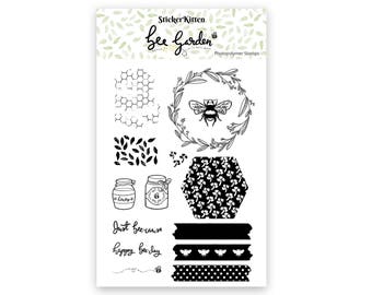 Bee Garden stamps, photopolymer clear stamp set, bee stamp, honeycomb stamp, pattern stamps, leaf stamp, wreath stamp, washi stamp