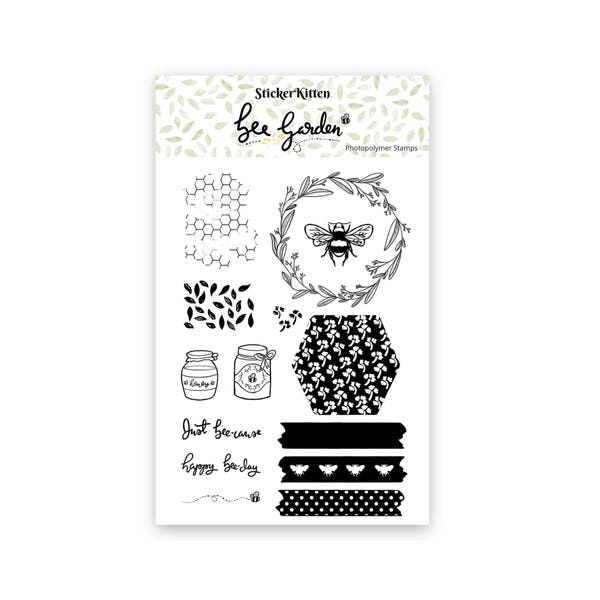 Bee Garden stamps, photopolymer clear stamp set, bee stamp, honeycomb stamp, pattern stamps, leaf stamp, wreath stamp, washi stamp