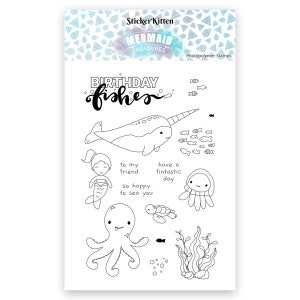 Birthday Fishes stamps – StickerKitten Mermaid Treasures clear photopolymer stamp set (cute jellyfish, narwhal, octopus, turtle, fish, sea)